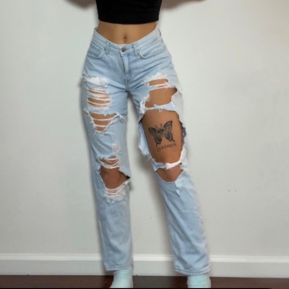 Mid Rise Distressed Mom Jean